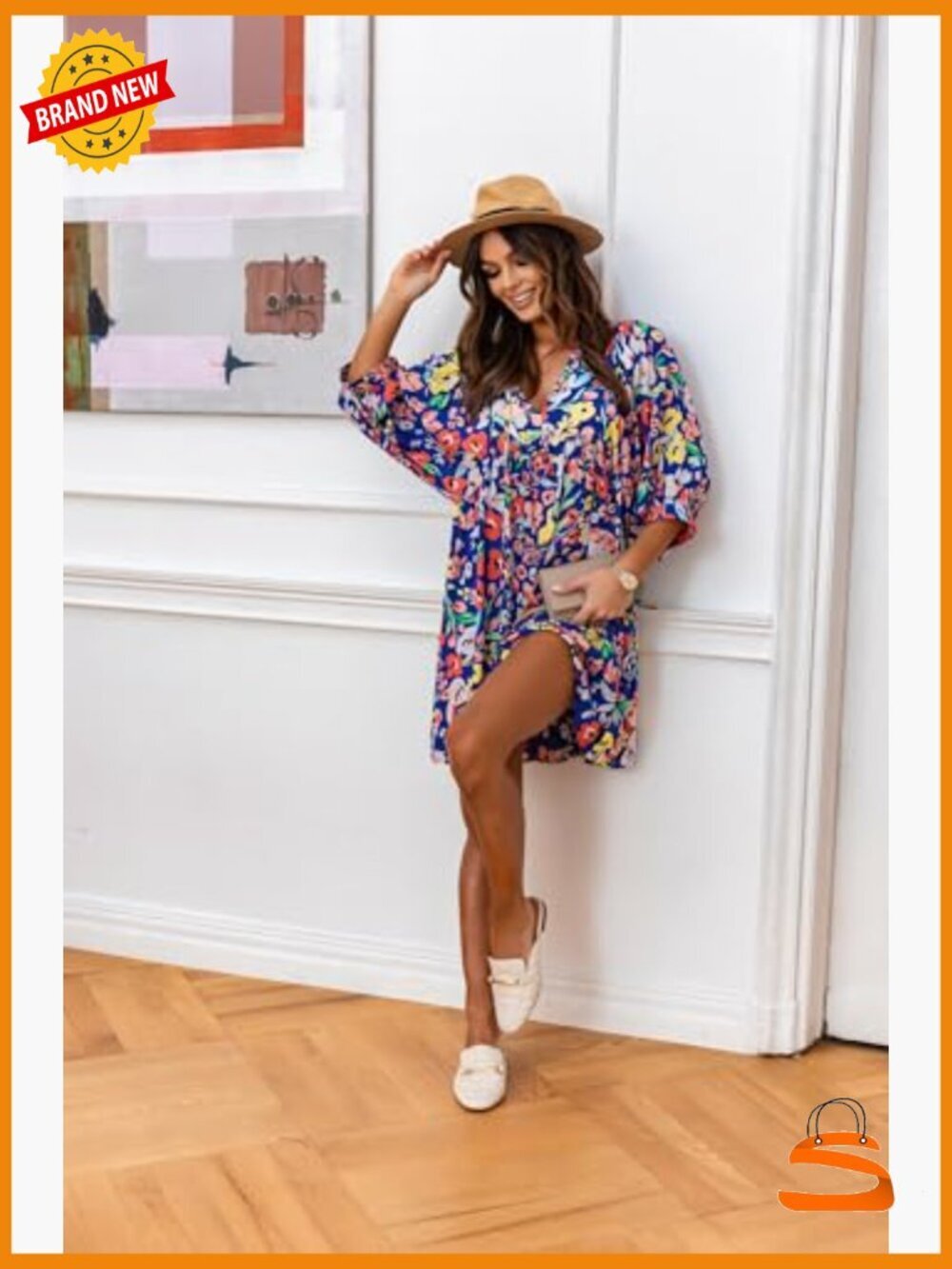 V-Neck Floral Mini Tunic Dress with Puff Sleeves Bohemian - Picture 3 of 7